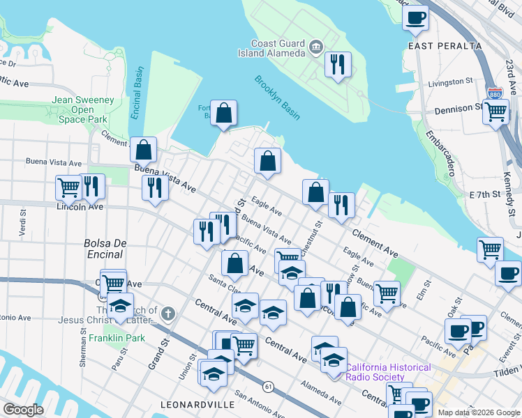 map of restaurants, bars, coffee shops, grocery stores, and more near 1819 Minturn Street in Alameda