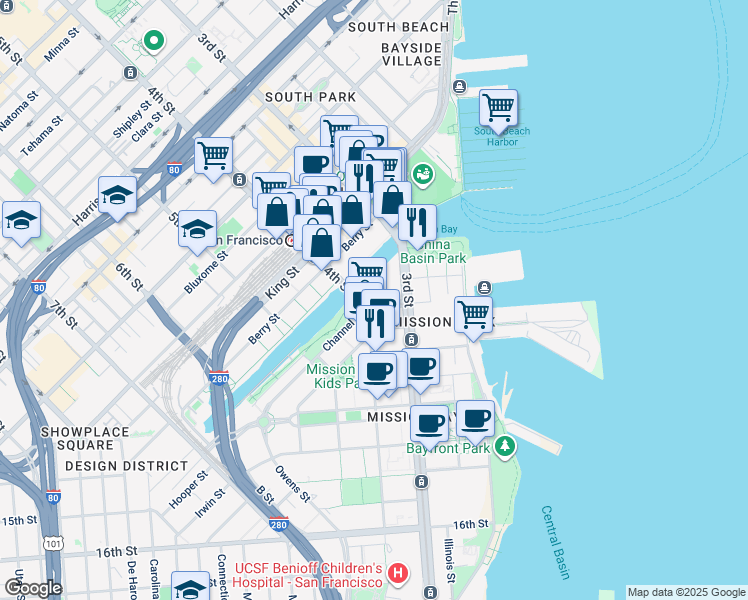 map of restaurants, bars, coffee shops, grocery stores, and more near 112 Channel Street in San Francisco