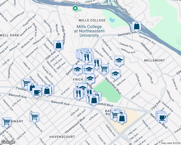map of restaurants, bars, coffee shops, grocery stores, and more near 3207 62nd Avenue in Oakland