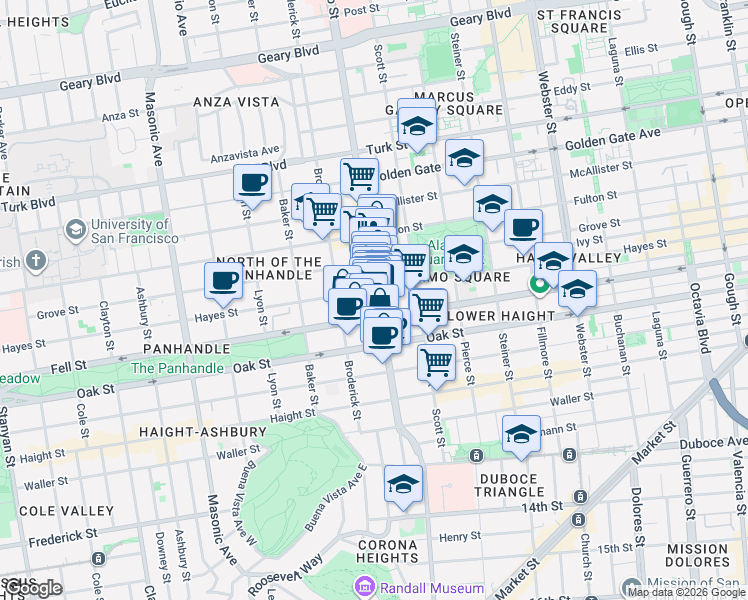 map of restaurants, bars, coffee shops, grocery stores, and more near 543 Divisadero Street in San Francisco