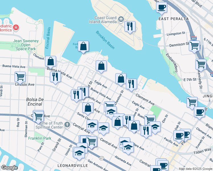map of restaurants, bars, coffee shops, grocery stores, and more near 1805 Eagle Avenue in Alameda