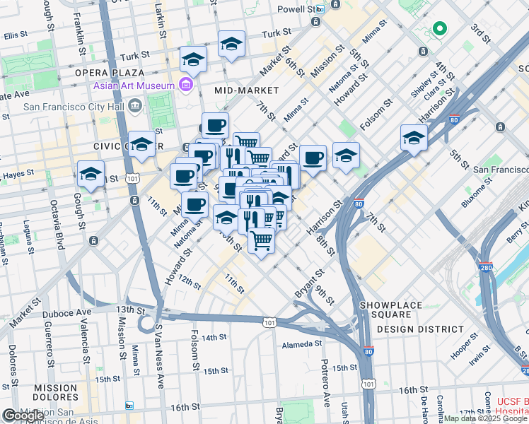 map of restaurants, bars, coffee shops, grocery stores, and more near 784 Clementina Street in San Francisco