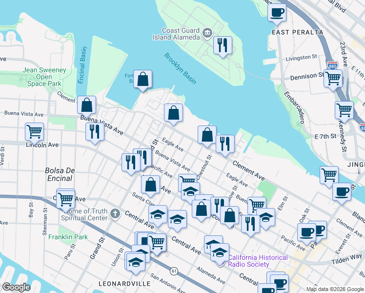 map of restaurants, bars, coffee shops, grocery stores, and more near 1805 Eagle Avenue in Alameda