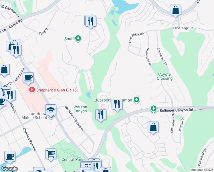 map of restaurants, bars, coffee shops, grocery stores, and more near 715 Watson Canyon Court in San Ramon