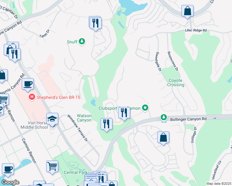 map of restaurants, bars, coffee shops, grocery stores, and more near 705 Watson Canyon Court in San Ramon
