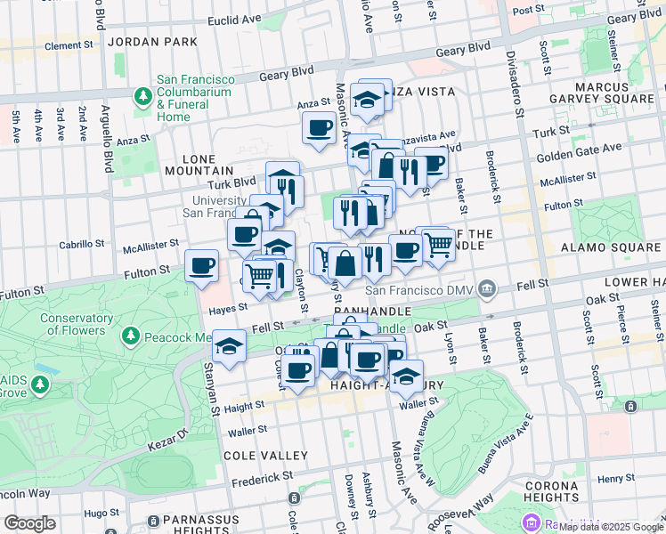 map of restaurants, bars, coffee shops, grocery stores, and more near Grove St & Ashbury St in San Francisco