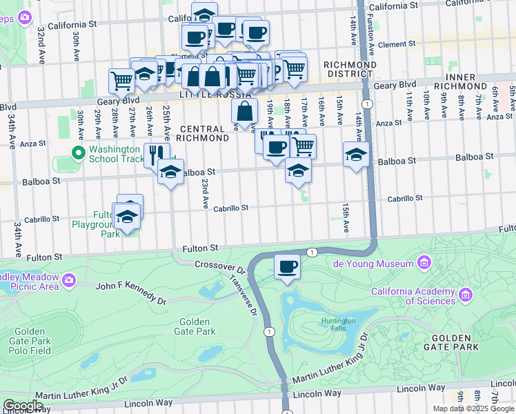 map of restaurants, bars, coffee shops, grocery stores, and more near 20th Ave & Cabrillo St in San Francisco
