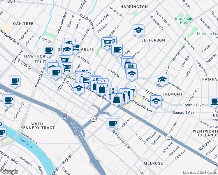 map of restaurants, bars, coffee shops, grocery stores, and more near 4019 East 16th Street in Oakland