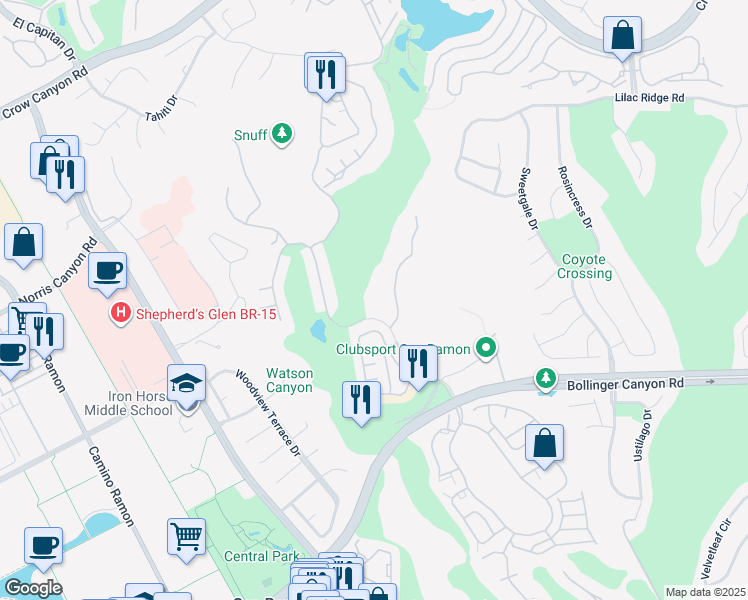 map of restaurants, bars, coffee shops, grocery stores, and more near 735 Watson Canyon Court in San Ramon