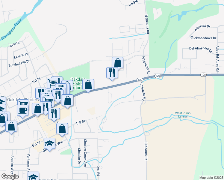 map of restaurants, bars, coffee shops, grocery stores, and more near 2001 East F Street in Oakdale