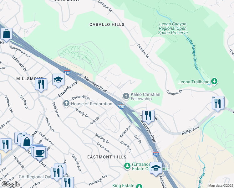 map of restaurants, bars, coffee shops, grocery stores, and more near 7620 Mountain Boulevard in Oakland
