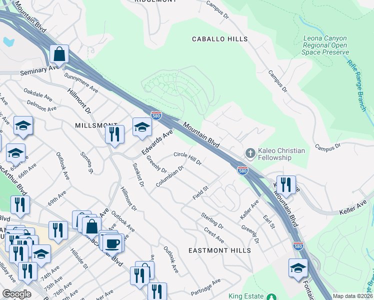 map of restaurants, bars, coffee shops, grocery stores, and more near 7500 Circle Hill Drive in Oakland