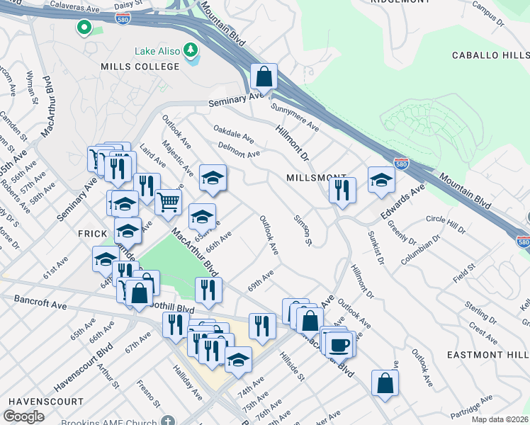 map of restaurants, bars, coffee shops, grocery stores, and more near 6636 Outlook Avenue in Oakland