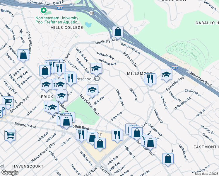 map of restaurants, bars, coffee shops, grocery stores, and more near 3592 66th Avenue in Oakland