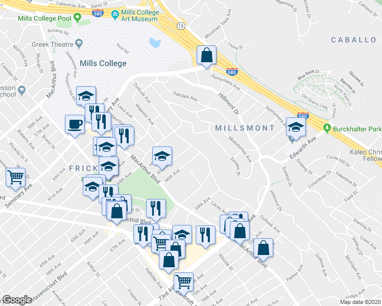 map of restaurants, bars, coffee shops, grocery stores, and more near 3592 66th Avenue in Oakland