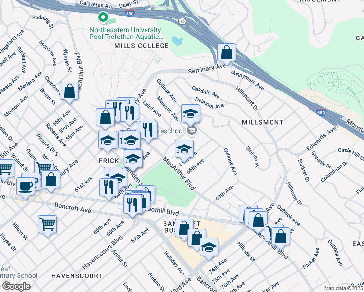 map of restaurants, bars, coffee shops, grocery stores, and more near 3425 64th Avenue Place in Oakland