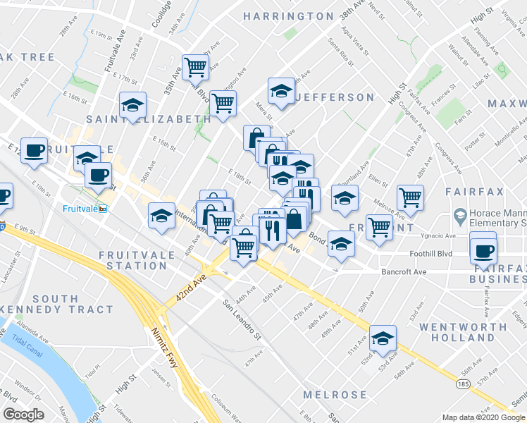 map of restaurants, bars, coffee shops, grocery stores, and more near 1647 42nd Avenue in Oakland