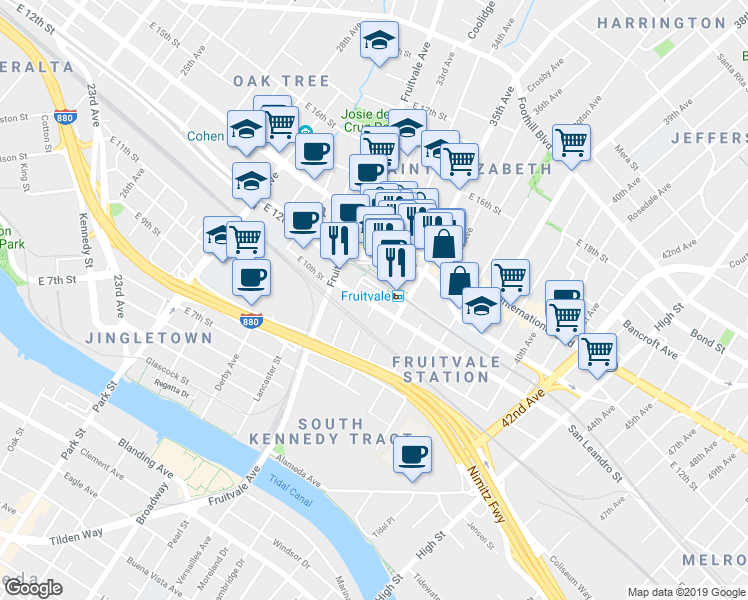 map of restaurants, bars, coffee shops, grocery stores, and more near 3420 San Leandro Street in Oakland