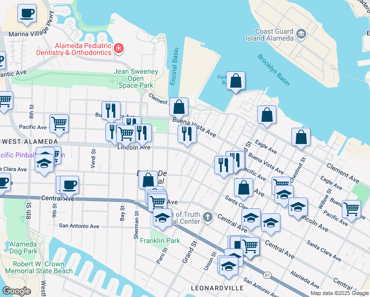 map of restaurants, bars, coffee shops, grocery stores, and more near 1539 Lincoln Avenue in Alameda
