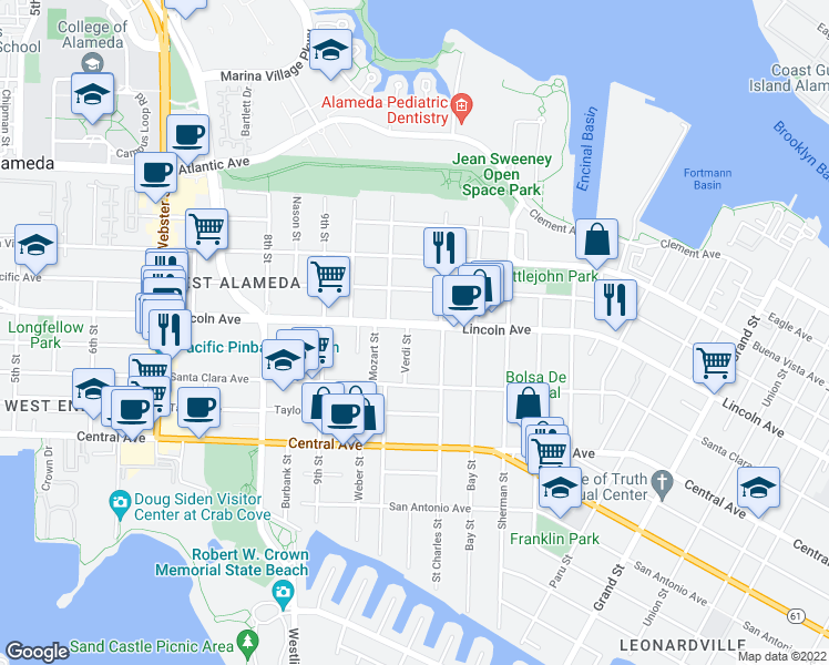 map of restaurants, bars, coffee shops, grocery stores, and more near 1040 Lincoln Avenue in Alameda