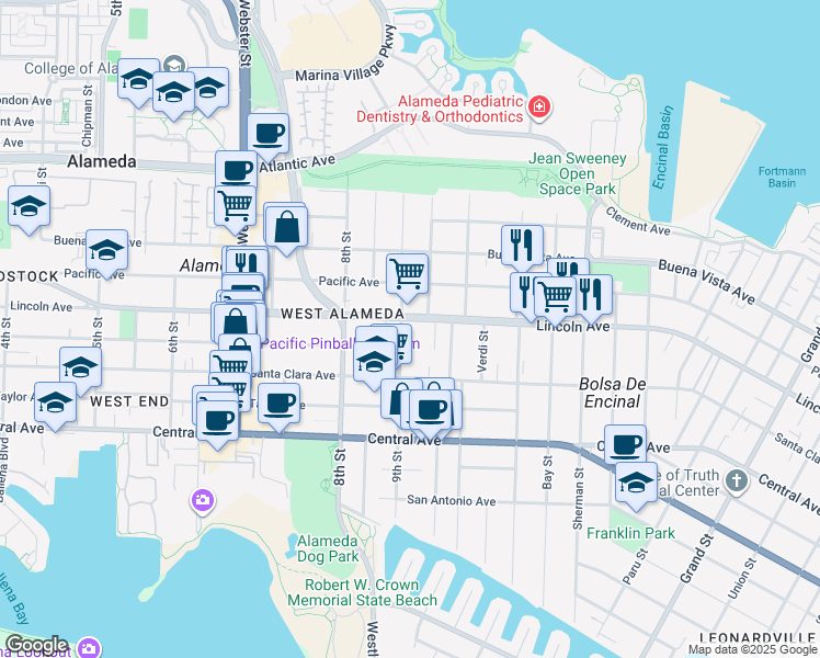 map of restaurants, bars, coffee shops, grocery stores, and more near 2 Mastick Court in Alameda