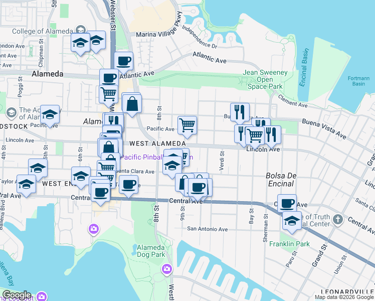 map of restaurants, bars, coffee shops, grocery stores, and more near 2 Mastick Court in Alameda