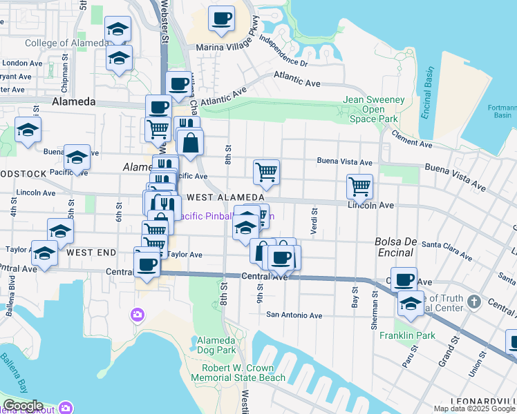map of restaurants, bars, coffee shops, grocery stores, and more near 833 Haight Avenue in Alameda