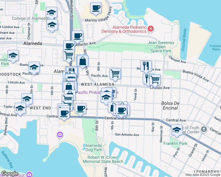 map of restaurants, bars, coffee shops, grocery stores, and more near 833 Haight Avenue in Alameda