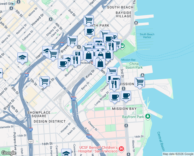 map of restaurants, bars, coffee shops, grocery stores, and more near 235 Berry Street in San Francisco