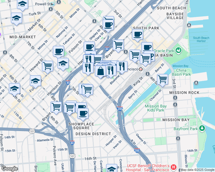 map of restaurants, bars, coffee shops, grocery stores, and more near 178 Bluxome Street in San Francisco