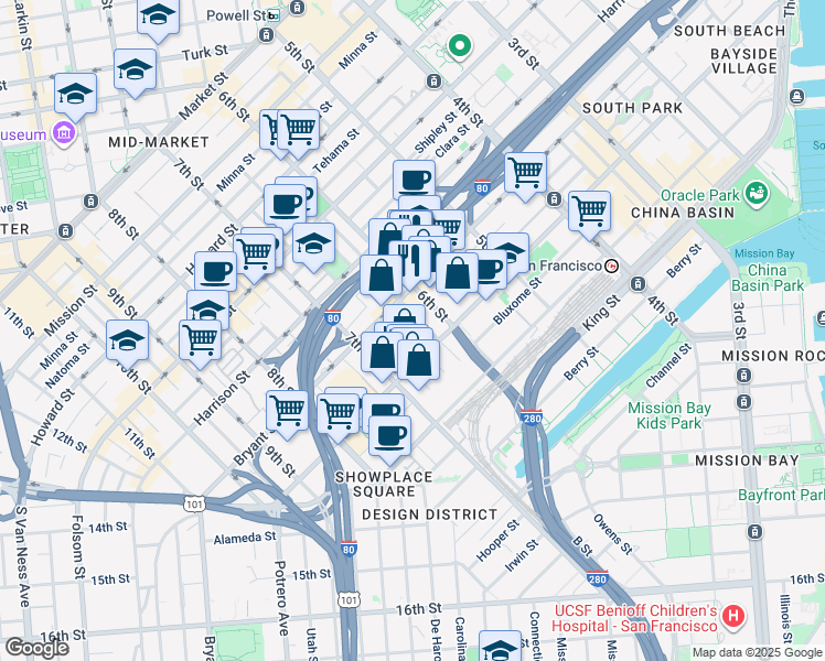 map of restaurants, bars, coffee shops, grocery stores, and more near 40 Boardman Place in San Francisco