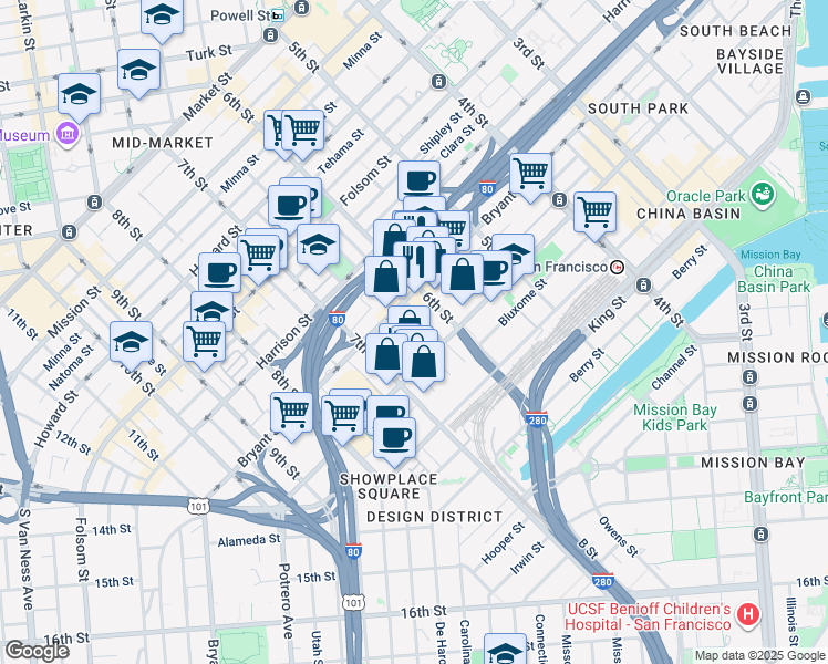 map of restaurants, bars, coffee shops, grocery stores, and more near 40 Boardman Place in San Francisco