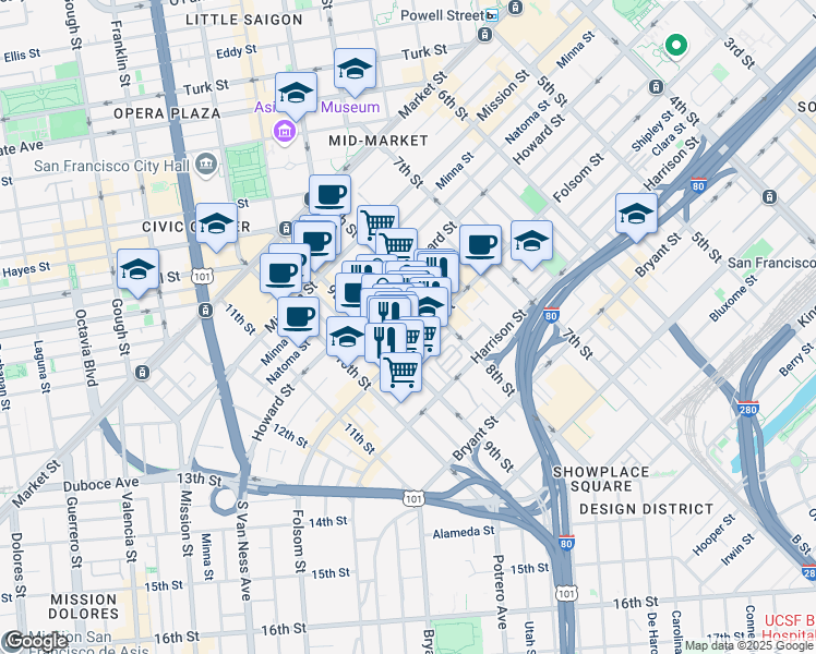 map of restaurants, bars, coffee shops, grocery stores, and more near 784 Clementina Street in San Francisco