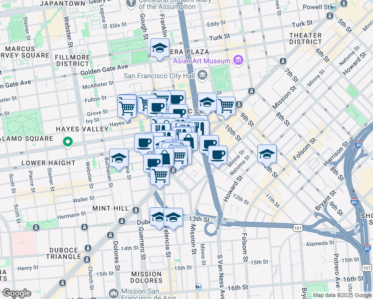 map of restaurants, bars, coffee shops, grocery stores, and more near in San Francisco
