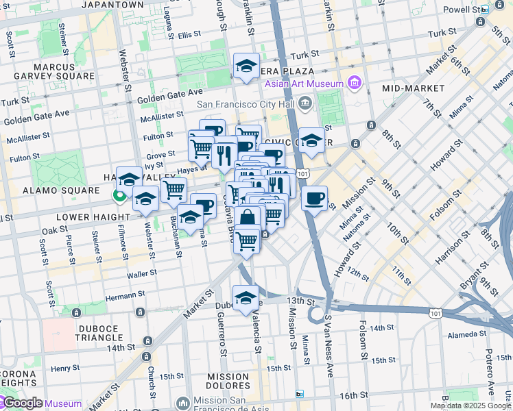 map of restaurants, bars, coffee shops, grocery stores, and more near 118 Gough Street in San Francisco
