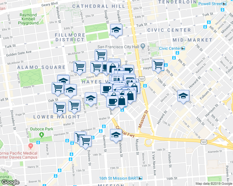 map of restaurants, bars, coffee shops, grocery stores, and more near 118 Gough Street in San Francisco