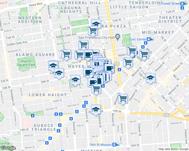 map of restaurants, bars, coffee shops, grocery stores, and more near 118 Gough Street in San Francisco
