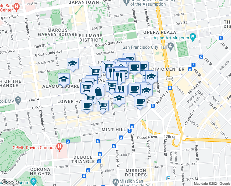 map of restaurants, bars, coffee shops, grocery stores, and more near in San Francisco