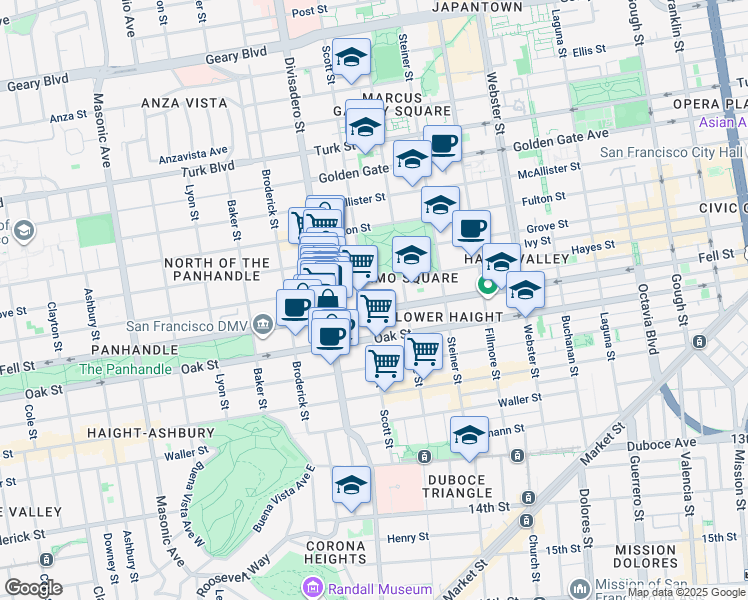 map of restaurants, bars, coffee shops, grocery stores, and more near 503 Scott Street in San Francisco