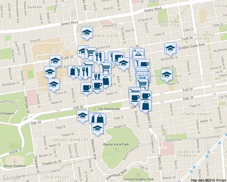 map of restaurants, bars, coffee shops, grocery stores, and more near 1542 Hayes Street in San Francisco