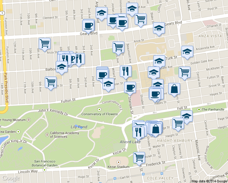map of restaurants, bars, coffee shops, grocery stores, and more near 2424 Fulton Street in San Francisco