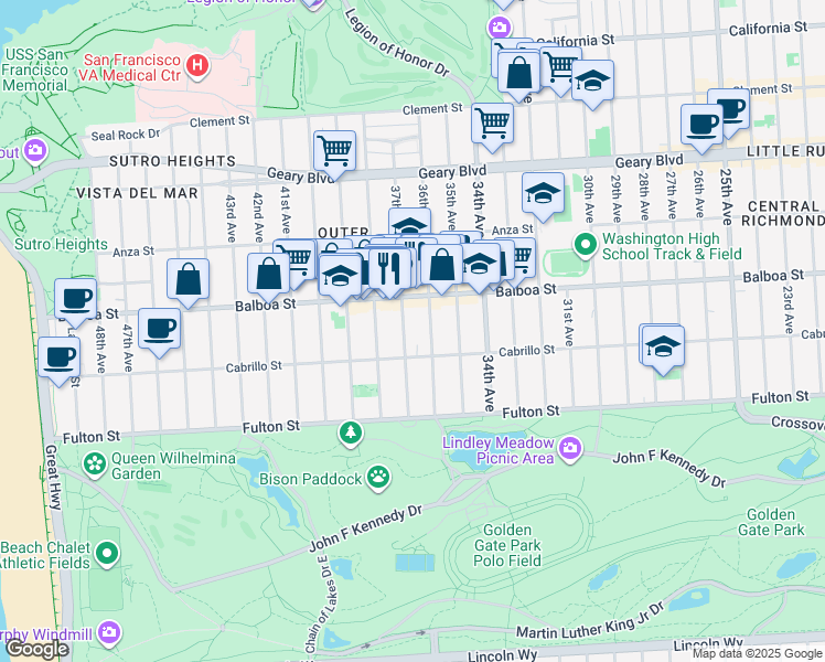 map of restaurants, bars, coffee shops, grocery stores, and more near 765 37th Avenue in San Francisco
