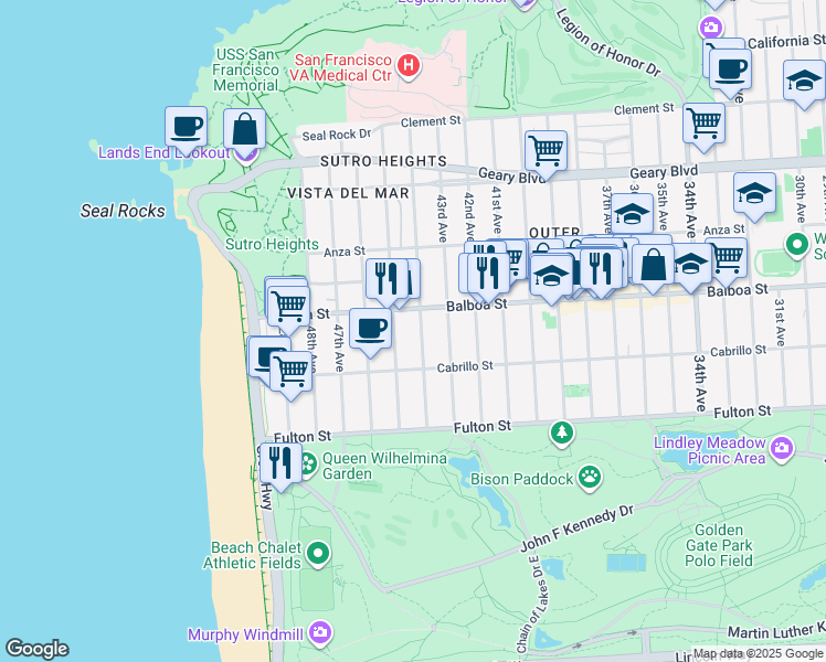map of restaurants, bars, coffee shops, grocery stores, and more near 745 44th Avenue in San Francisco