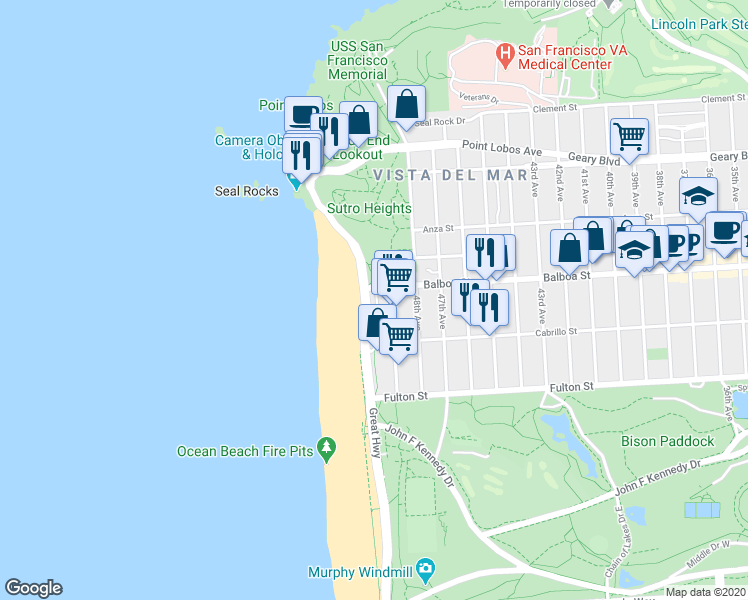 map of restaurants, bars, coffee shops, grocery stores, and more near 730 A Great Highway in San Francisco