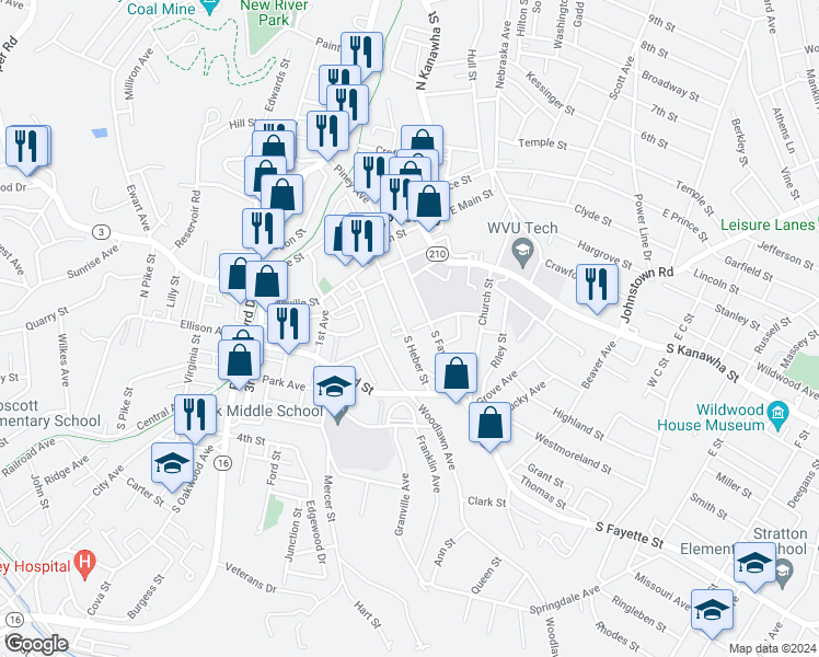 map of restaurants, bars, coffee shops, grocery stores, and more near 236 Woodlawn Avenue in Beckley