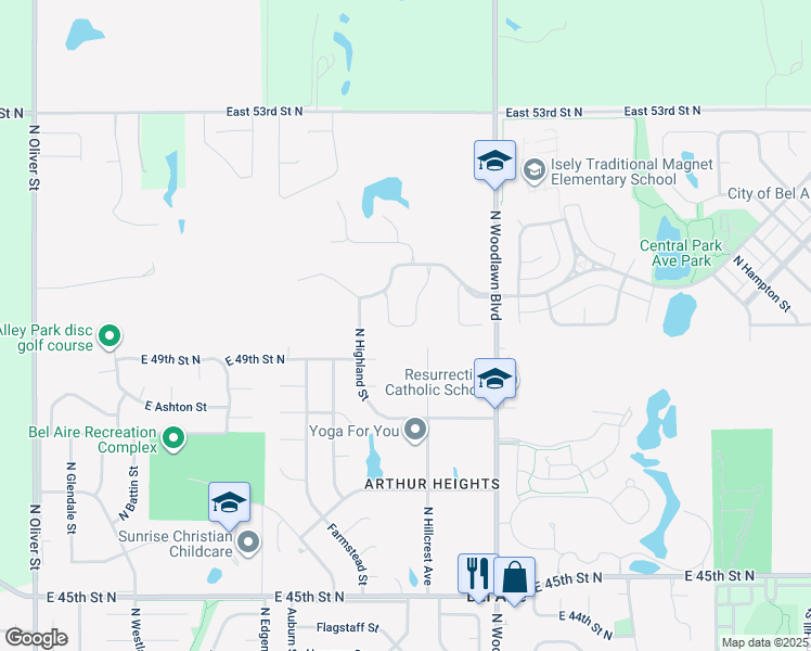 map of restaurants, bars, coffee shops, grocery stores, and more near Wildfire Street in Bel Aire