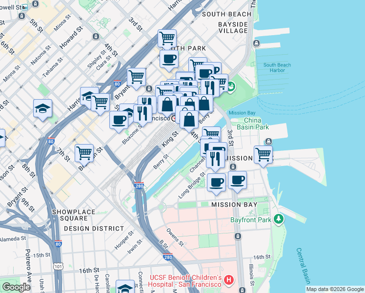 map of restaurants, bars, coffee shops, grocery stores, and more near 235 Berry Street in San Francisco