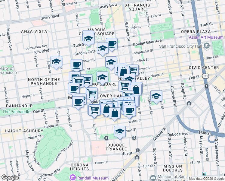 map of restaurants, bars, coffee shops, grocery stores, and more near Fell St & Steiner St in San Francisco