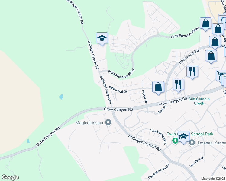 map of restaurants, bars, coffee shops, grocery stores, and more near 4000 Bollinger Crest Common in San Ramon