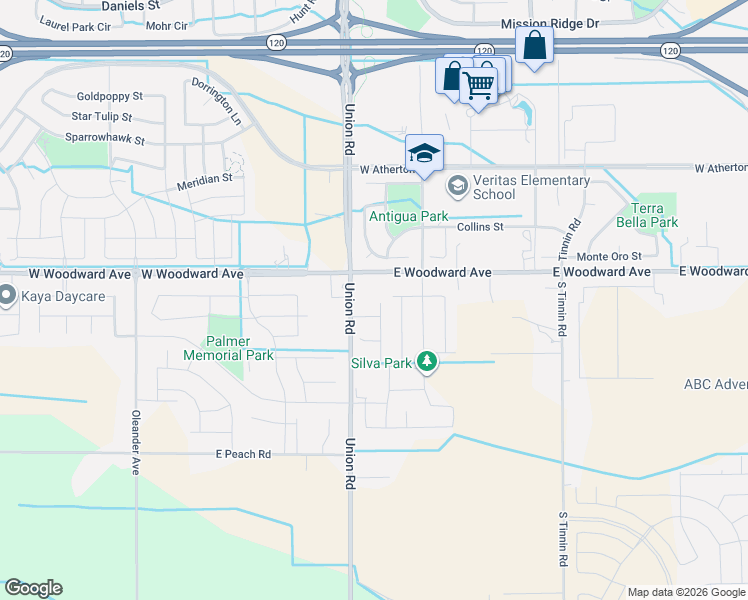 map of restaurants, bars, coffee shops, grocery stores, and more near 1125 Silva Way in Manteca